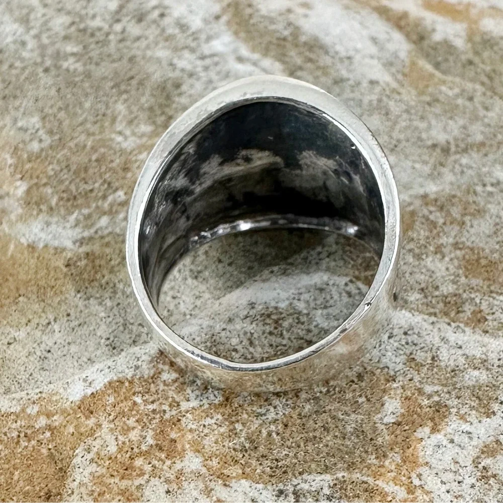 Sterling‎ Silver Red Coral Ring Statement Band Textured Boho Jewelry 925 Sz 6